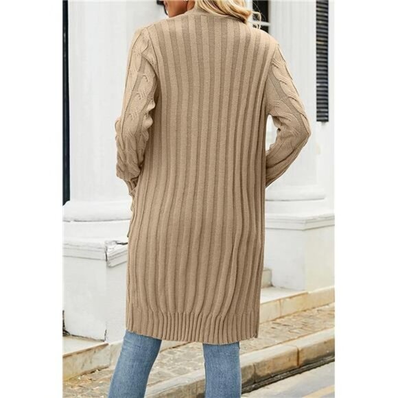 Women's Open Front Cable Knit Cardigan Button Down Long Sweater with Pockets - Picture 5 of 6